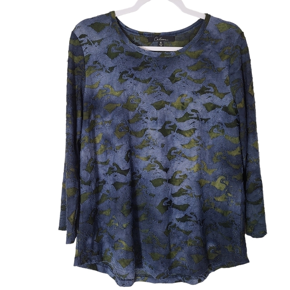 Calessa size Medium distressed burnout boho 3/4 sleeve blouse top blue green